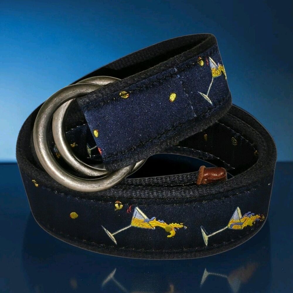 The Belted Cow Co Martini Glass Belt Navy Blue Leather Tab Mens MEDIUM Golf belt